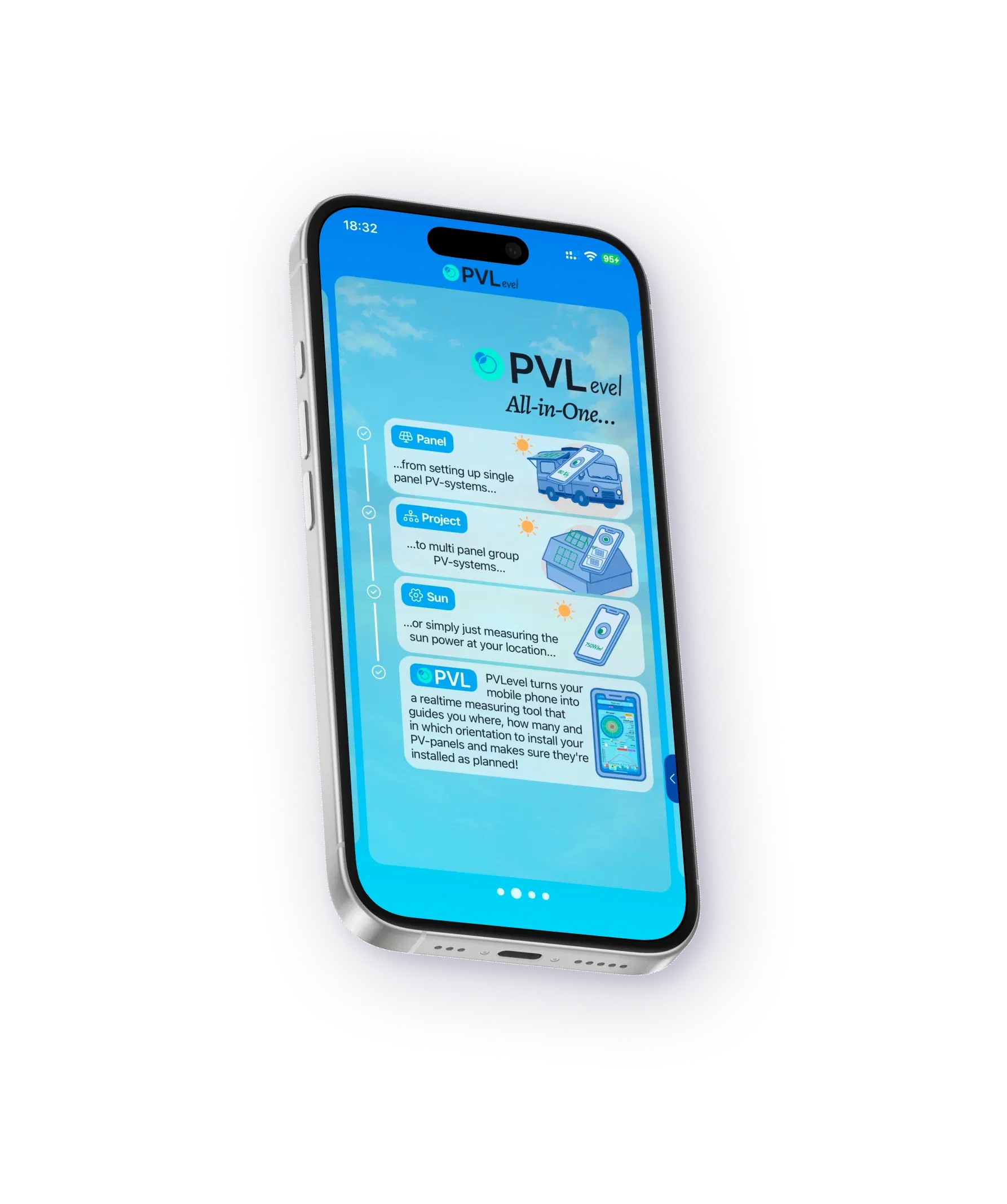 PVLevel app home screen showing panel groups and measurement tools