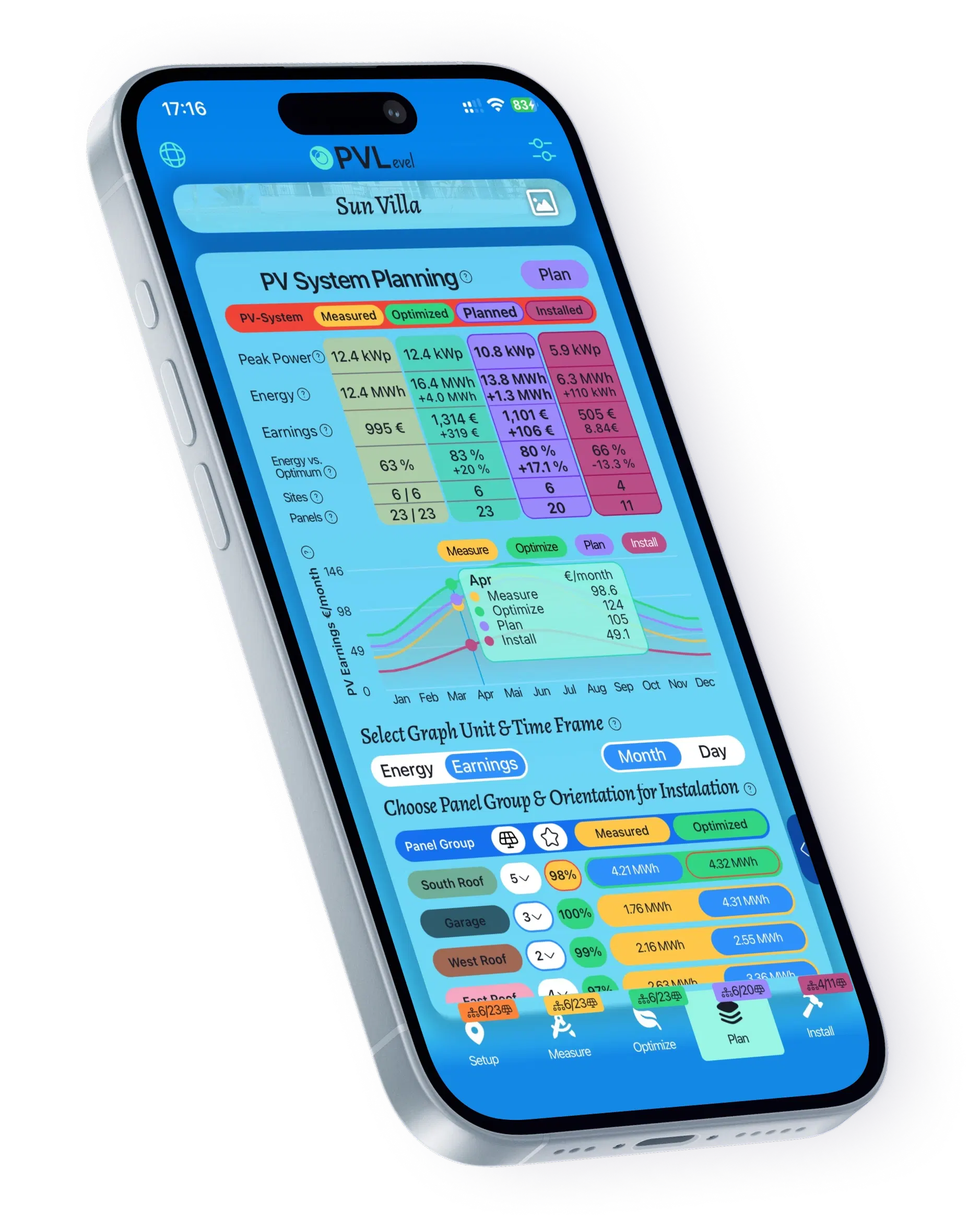 PVLevel app showing solar energy calculations and panel comparison