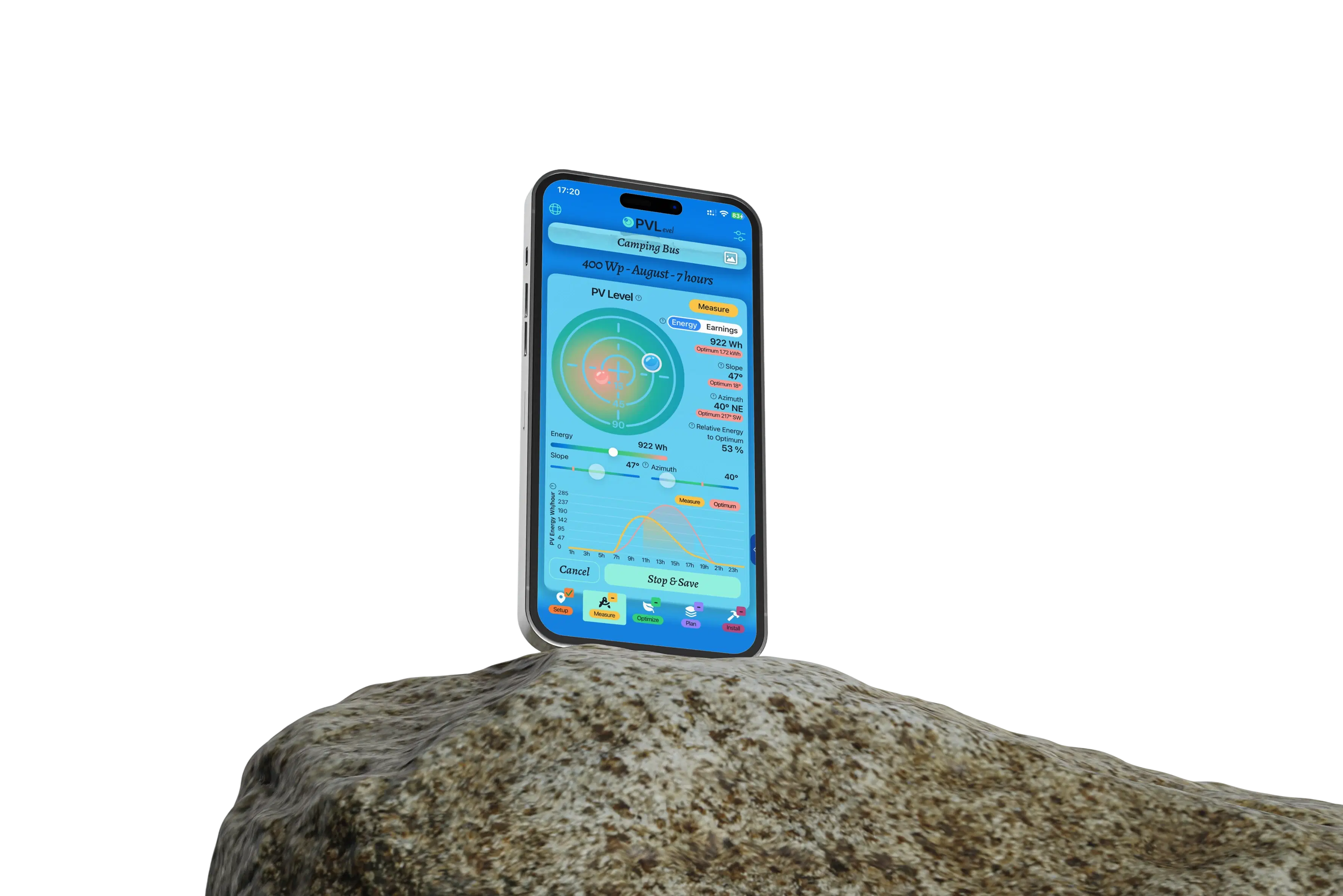 Camping scene with solar panels on mountain rock, van and people relaxing