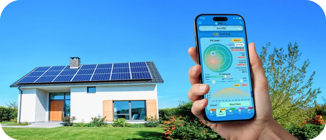 House with solar panels and phone measuring panel orientation