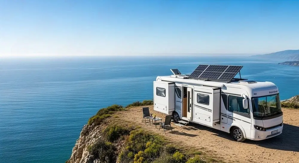Camper van with solar panels by the ocean